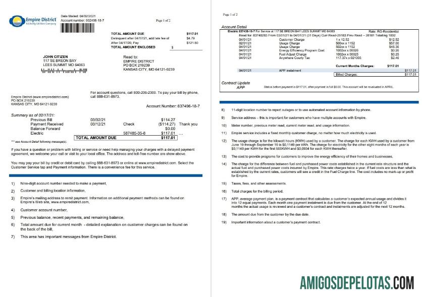 Em branco modelo de conta de serviços públicos da USA Empire District Electric Company em formato Word e PDF (2 páginas)